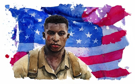 Watercolour painting of and African American US Soldier in front of American Flag