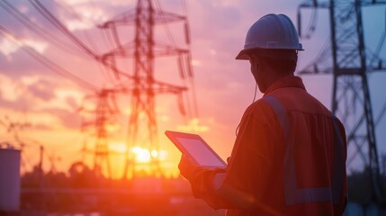 silhouette electrician engineer hand holding tablet. electric power industry high voltage. employee electrician works sunset. energy concept. electric tower high voltage. power line. work tablet sun