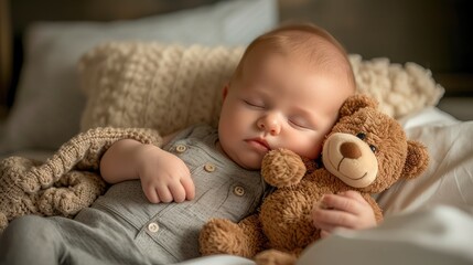 Sleeping baby in bed, holding a teddy bear.