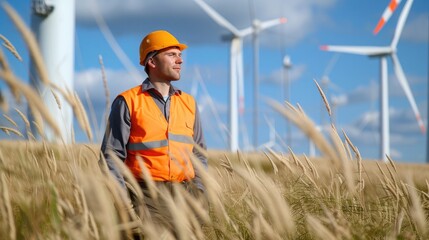 technician working outdoor at wind turbine field. Renewable energy engineer working on wind turbine projects, Environmental engineer research and develop approaches to providing clean energy
