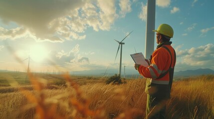 technician working outdoor at wind turbine field. Renewable energy engineer working on wind turbine projects, Environmental engineer research and develop approaches to providing clean energy - obrazy, fototapety, plakaty