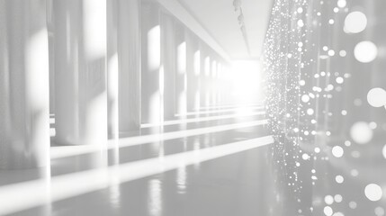 White Blurred Hallway Background Banner . Bokeh White Christmas shiny blurred lights