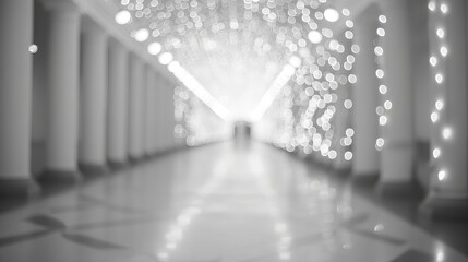 White Blurred Hallway Background Banner . Bokeh White Christmas shiny blurred lights