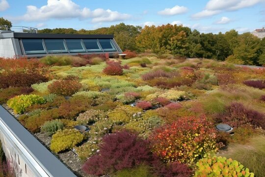 green roof with sedum plants and solar panels. Generative AI