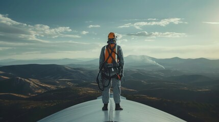 Windmill engineer wearing PPE standing on wind turbine