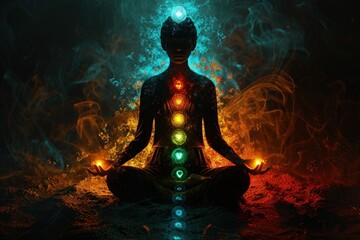 Pacifying spirituality: meditation, spiritual practice, expanded consciousness, chakra activation, astral body, mystical inspiration, and the interconnected energy of the human chakra system - obrazy, fototapety, plakaty