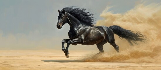 Obraz premium A black horse, a terrestrial animal, gracefully gallops through the desert sand, its mane flowing in the wind.