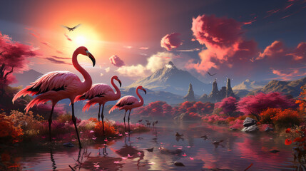 Beautiful Flamingo Silhouette in Tropical Wildlife: A Lovely Vector Illustration of Exotic Pink Bird, generative AI