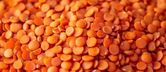 A detailed view of a mound of red lentils, a plant-based ingredient used in various dishes and cuisines, known for its natural food properties.