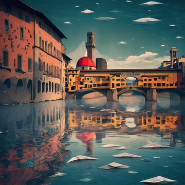 Surreal painting of Ponte Vecchio over the Arno river with red dome in Florence, Italy. 
