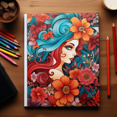 Mock-up of a Book Featuring a Young Woman Surrounded by Beautiful Flowers