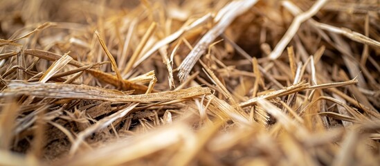 A detailed view of a heap of hay containing wood, twigs, grass, soil, and straw, likely attracting terrestrial animals and wildlife.