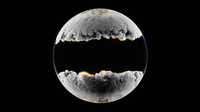 3d render of abstract art video animation with surreal glass ball sphere with prism dispersion effect with a core atomic explosion inside with growing fluid smoke cloud structure on black background