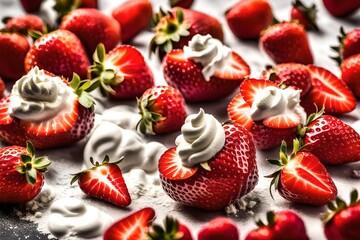 Close up of fresh strawberries with dollop of whipped cream  - obrazy, fototapety, plakaty
