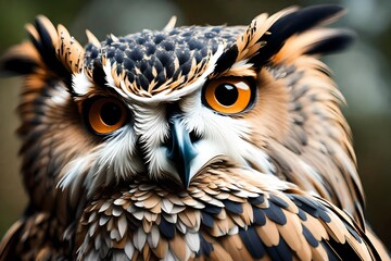 Close up of eagle owl with detailed face  - obrazy, fototapety, plakaty