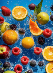 fruits and berries on blue background