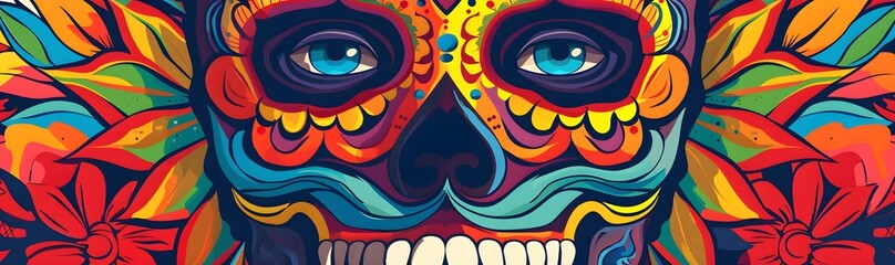 Mexican Skull Face Paint: Cinco de Mayo Calavera Abstract Banner; Woman Portrait in Mexican Carnival Theme - Generative ai