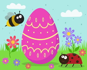 Easter background with Easter egg, ladybug, bee, clouds, flowers and grass. Spring background. Easter holiday.
