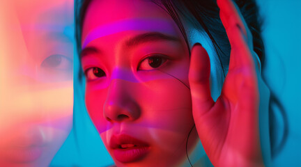 A young Asian woman is making a facial gesture with her hand with traditional techniques reimagined