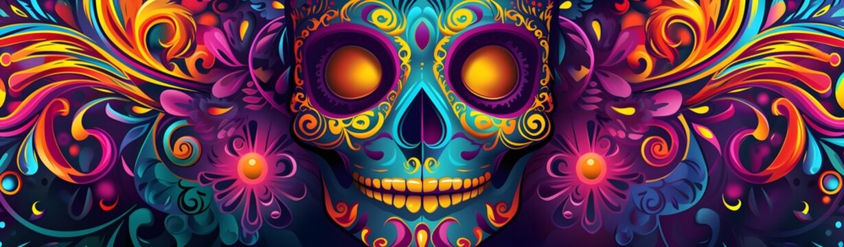 Mexican Skull Face Paint: Cinco de Mayo Calavera Abstract Banner; Woman Portrait in Mexican Carnival Theme - Generative ai
