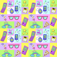 Seamless pattern with retro icons depicting tamagotchi,rainbow, floppy disk, phone, player and other items in the colorful style of the 80s and 90s. Flat vector illustration.