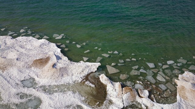 Drone shot of Georgian Bay Ice Pack Breaking Up and Melting in February when unseasonably warm