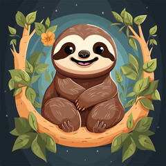Cute sloth in flat cartoon style illustration.