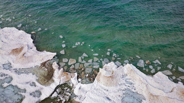 Drone shot of Georgian Bay Ice Pack Breaking Up and Melting in February when unseasonably warm