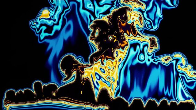 3d render of abstract art video animation with surreal texture background of decorative in outline style abstract fire flame liquid in curve wavy round lines forms in blue yellow orange lines on black