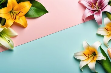 Orange and pink fragrant lilies close-up on a light pink and blue background. Postcard. Women's Day. Mothers Day. Free space for text