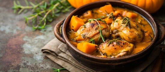 A comforting chicken and pumpkin stew, the perfect recipe for a delicious and hearty meal, served on a table with tableware.