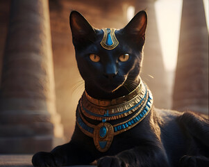 beautiful black Bastet cat in traditional jewelry laying against Egyptian temple with columns and hieroglyphs. Egyptian goddess Bastet. close up. Ai generated