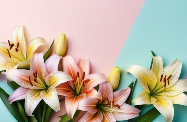 Orange fragrant lilies close-up on a light pink and blue background. Postcard. Women's Day. Mothers Day. Free space for text