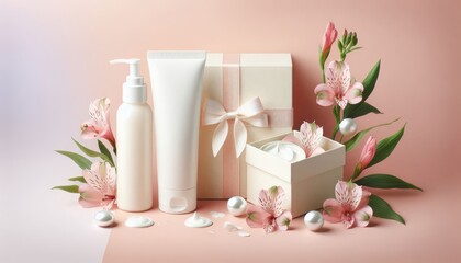 Fototapeta na wymiar Presentation of a gift set of a cosmetic product, gift box on a pastel background with flowers