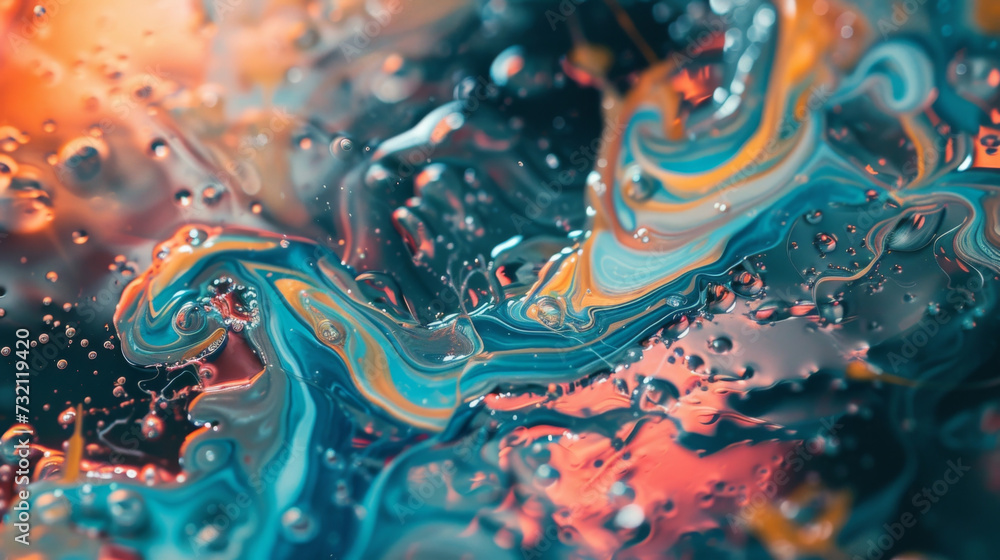 Poster swirling and intertwining tendrils of paint dripping and mixing to form unique and unpredictable sha