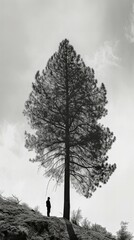 silhouette of a person standing next to a big pine tree, black and white illustration