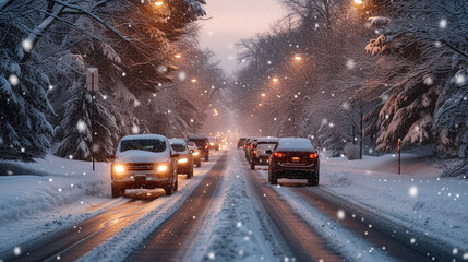 Fototapeta na wymiar Car on impassable winter road, winter traffic, dangerous road