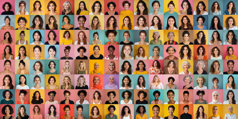 Composite portrait of headshots of different smiling  women from all genders and age, including all ethnic, racial, and geographic types of women in the world on a colorful flat background - obrazy, fototapety, plakaty