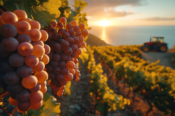 huge vineyards on which large bunches of grapes grow, large plantations, a tractor drives and waters, the sun shines in the background and the sea on the horizon
 - obrazy, fototapety, plakaty