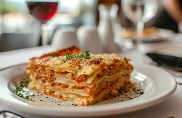  lasagna on a white plate. soft cafe background. Italian cuisine