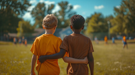 Interracial friendship caucasian boy and African boy hugging in a childrens soccer game, connected culture, interracial childhood