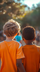 Interracial friendship caucasian boy and African boy hugging in a childrens soccer game, connected culture, interracial childhood