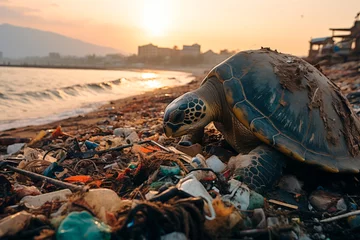 Foto op Canvas sad sea turtle on a beach littered with garbage and human waste, polluted seashore. Aquatic pollution concept. Generative AI © Lucas