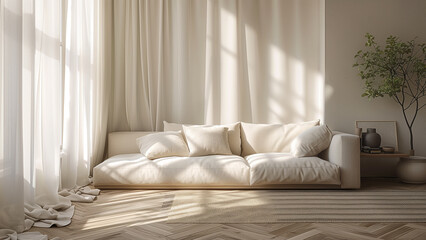 Fototapeta na wymiar Natural Elegance: A Wabi-Sabi Inspired Cream Living Room