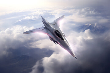 Abstract fighter airplane. Grey sky. Abstract representation of a fighter aircraft. Futuristic fighter jet. AI generation