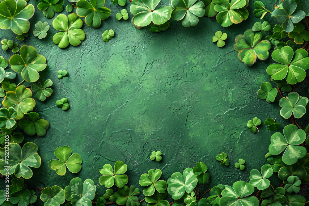 Poster border made of clover leaves on dark green background with copy space. four leaved shamrocks. st pat