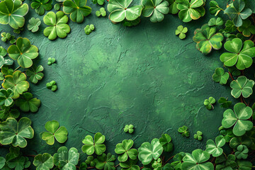 Border made of clover leaves on dark green background with copy space. Four leaved shamrocks. St Patrick Day holiday symbol. Template for design card, invitation, banner