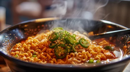 Keuken spatwand met foto Waves of heat emanate from a bowl of ramen filled with jalapenos garlic and sizzling hot chili paste. © Justlight