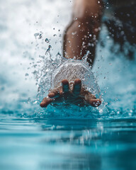 Hand of swimmer splashing clear water at the pool. Capturing the swimming motion, dynamic essence and purity. Concept of motion, sport, action and athlete