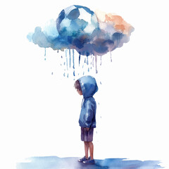 Painting of a little boy sitting under a rain cloud